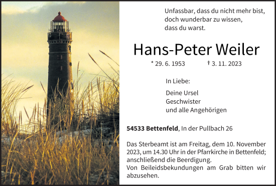 Todesanzeige von Hans-Peter Weiler von trierischer_volksfreund