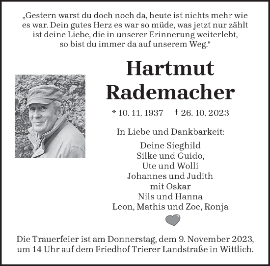 Todesanzeige von Hartmut Rademacher von trierischer_volksfreund