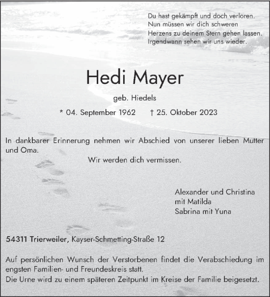 Todesanzeige von Hedi Mayer von trierischer_volksfreund