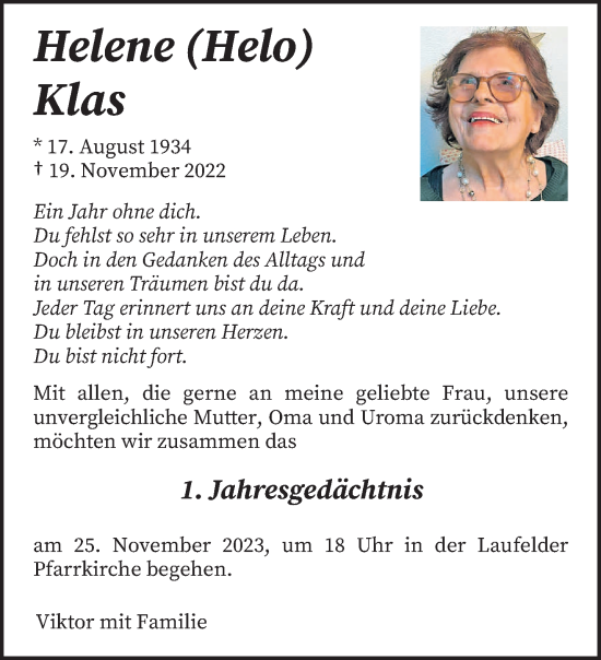 Todesanzeige von Helene Klas von trierischer_volksfreund