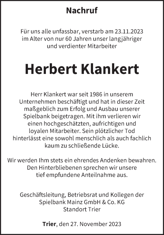 Todesanzeige von Herbert Klankert von trierischer_volksfreund