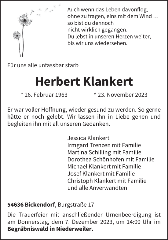 Todesanzeige von Herbert Klankert von trierischer_volksfreund