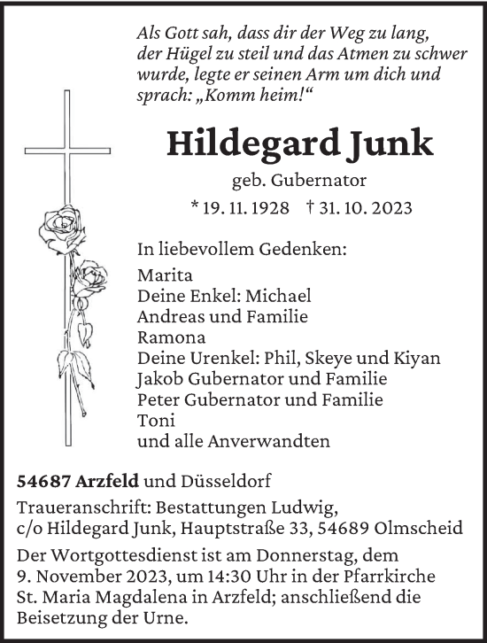 Todesanzeige von Hildegard Junk von trierischer_volksfreund