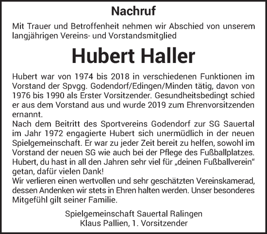 Todesanzeige von Hubert Matthias Haller von trierischer_volksfreund