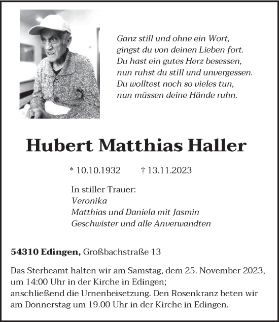 Todesanzeige von Hubert Matthias Haller von trierischer_volksfreund