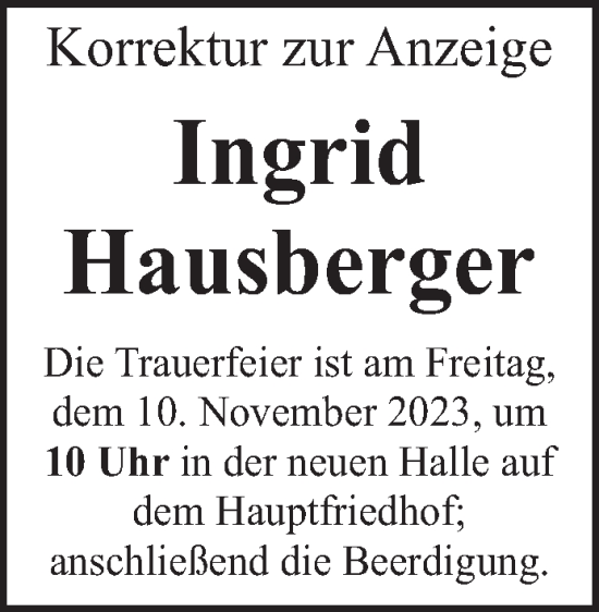 Todesanzeige von Ingrid Hausberger von trierischer_volksfreund