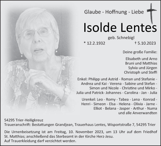 Todesanzeige von Isolde Lentes von trierischer_volksfreund