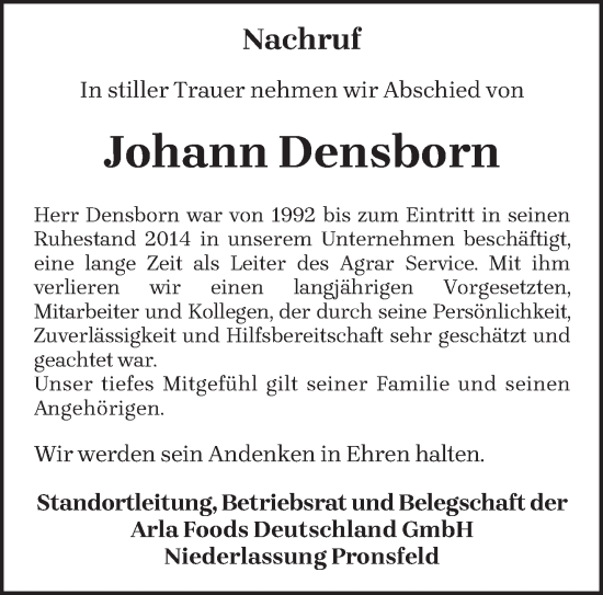 Todesanzeige von Johann Densborn von trierischer_volksfreund