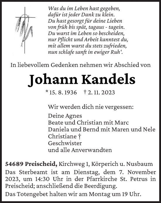 Todesanzeige von Johann Kandels von trierischer_volksfreund