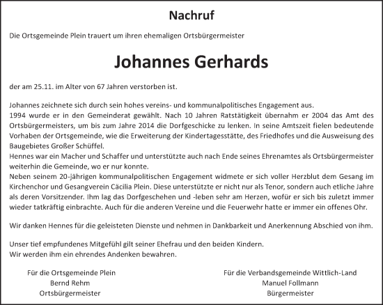 Todesanzeige von Johannes Gerhards von trierischer_volksfreund