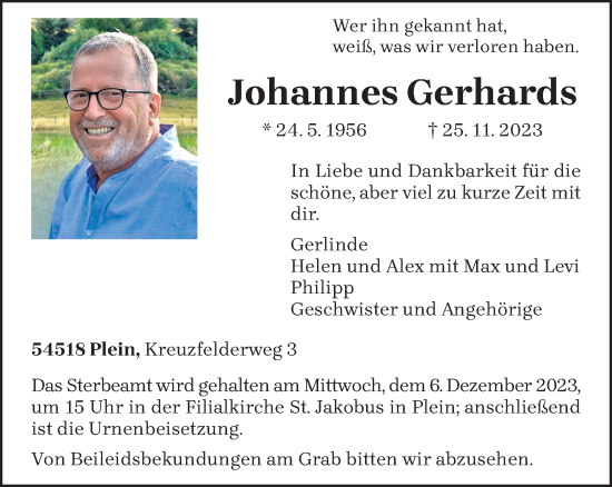 Todesanzeige von Johannes Gerhards von trierischer_volksfreund