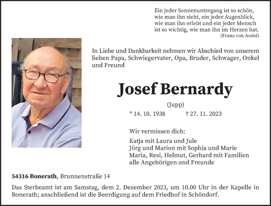 Todesanzeige von Josef Bernardy von trierischer_volksfreund