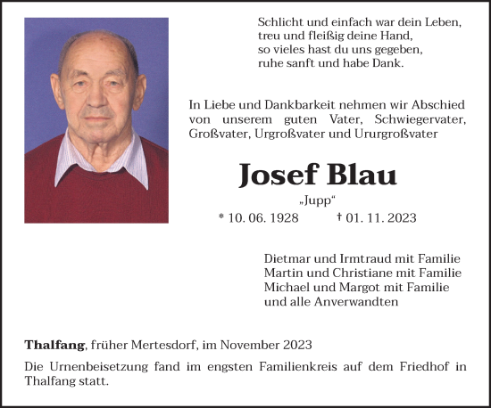 Todesanzeige von Josef Blau von trierischer_volksfreund