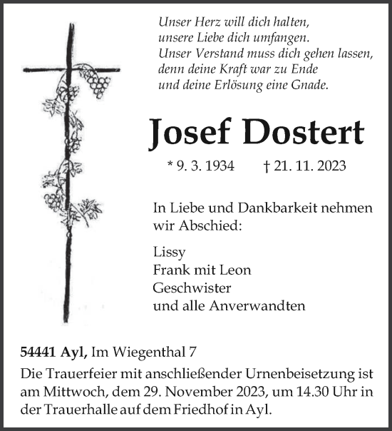 Todesanzeige von Josef Dostert von trierischer_volksfreund