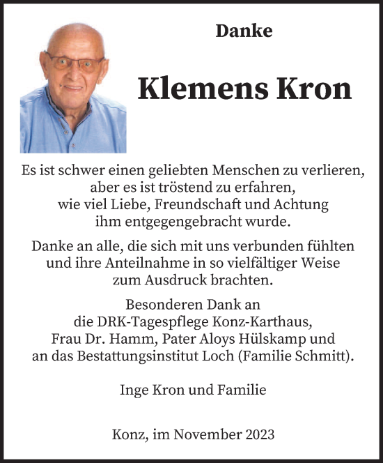 Todesanzeige von Klemens Kron von trierischer_volksfreund