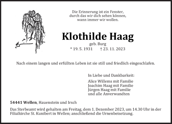 Todesanzeige von Klothilde Haag von trierischer_volksfreund