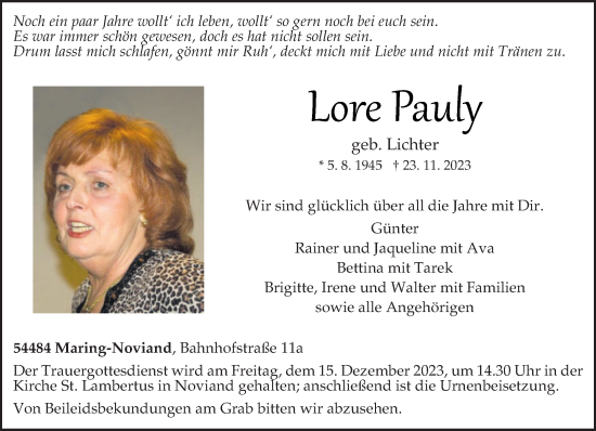 Todesanzeige von Lore Pauly von trierischer_volksfreund