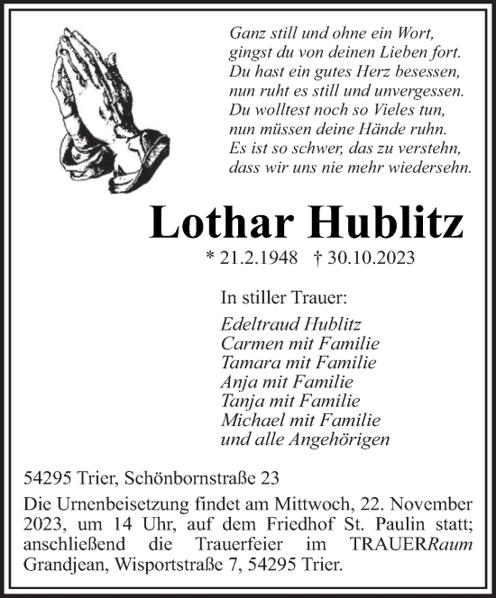 Todesanzeige von Lothar Hublitz von trierischer_volksfreund