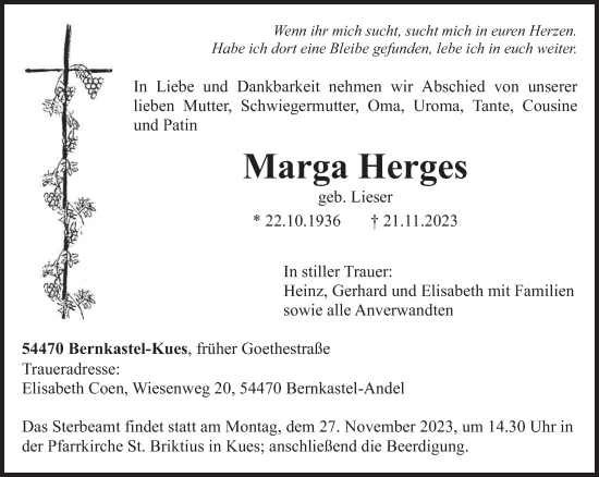 Todesanzeige von Marga Herges von trierischer_volksfreund