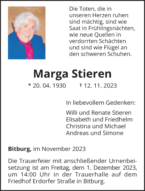 Todesanzeige von Marga Stieren von trierischer_volksfreund