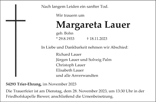 Todesanzeige von Margareta Lauer von trierischer_volksfreund