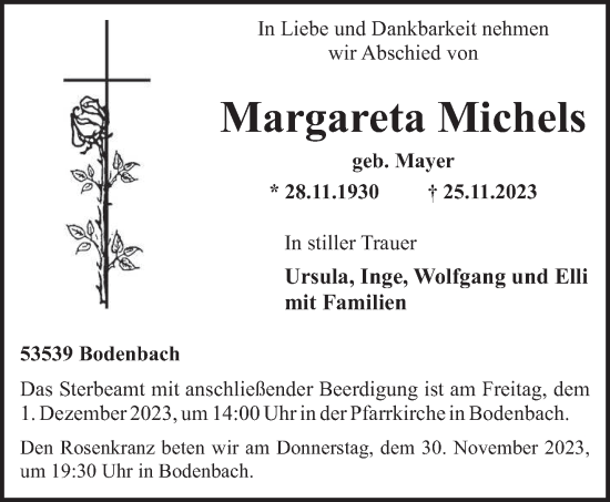 Todesanzeige von Margareta Michels von trierischer_volksfreund