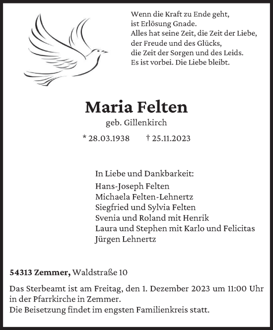 Todesanzeige von Maria Felten von trierischer_volksfreund