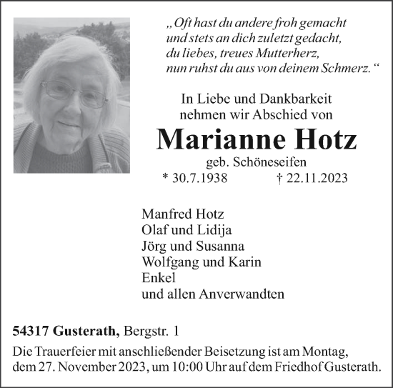 Todesanzeige von Marianne Hotz von trierischer_volksfreund
