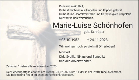 Todesanzeige von Marie-Luise Schönhofen von trierischer_volksfreund