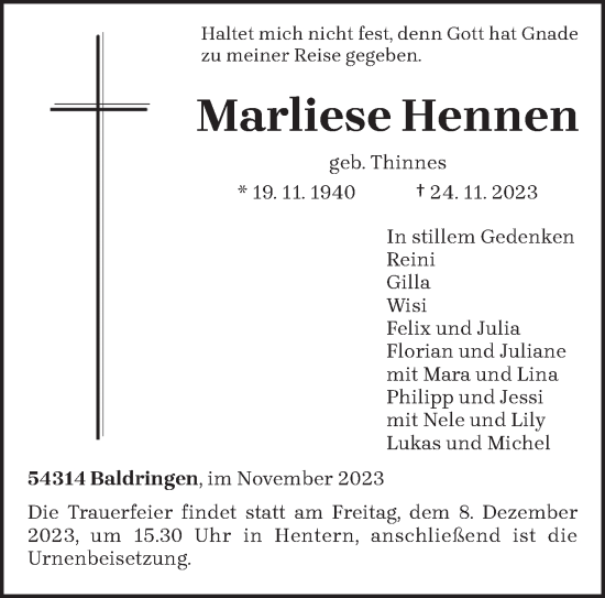Todesanzeige von Marliese Hennen von trierischer_volksfreund