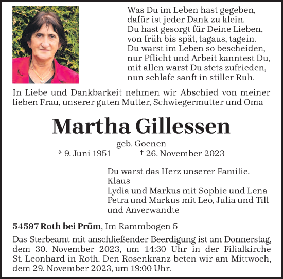 Todesanzeige von Martha Gillessen von trierischer_volksfreund