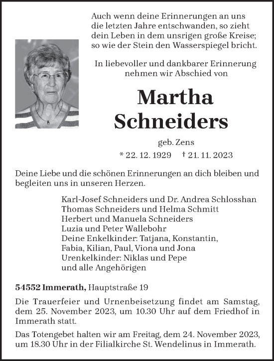 Todesanzeige von Martha Schneiders von trierischer_volksfreund