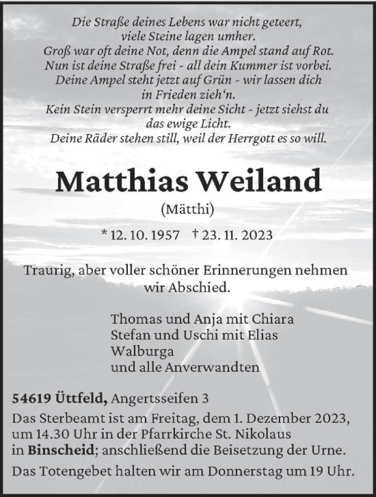 Todesanzeige von Matthias Weiland von trierischer_volksfreund
