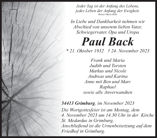 Todesanzeige von Paul Back von trierischer_volksfreund