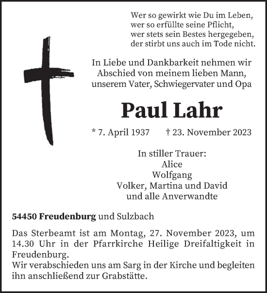 Todesanzeige von Paul Lahr von trierischer_volksfreund
