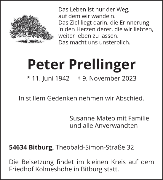 Todesanzeige von Peter Prellinger von trierischer_volksfreund