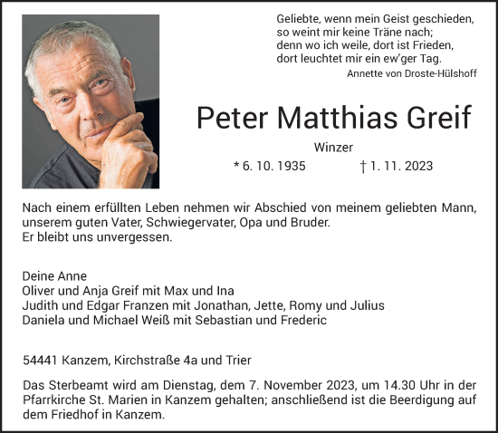 Todesanzeige von Peter Matthias Greif von trierischer_volksfreund
