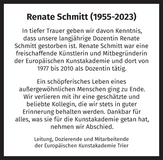Todesanzeige von Renate Schmitt von trierischer_volksfreund