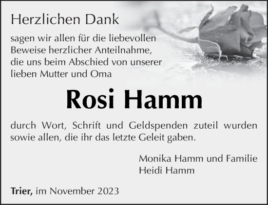 Todesanzeige von Rosi Hamm von trierischer_volksfreund