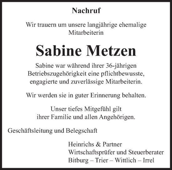 Todesanzeige von Sabine Metzen von trierischer_volksfreund