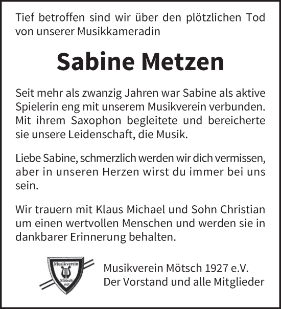 Todesanzeige von Sabine Metzen von trierischer_volksfreund