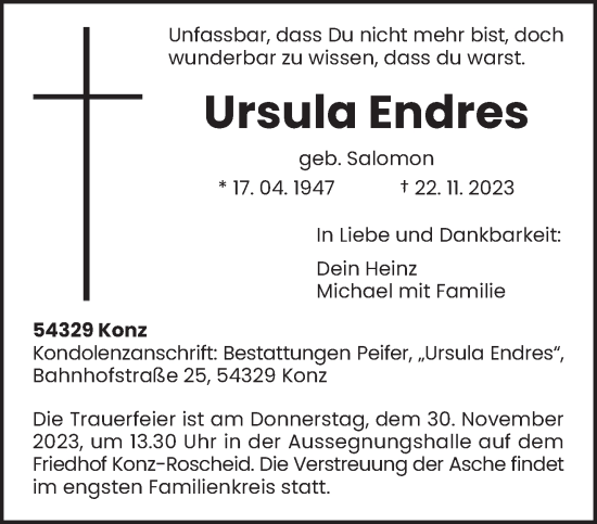 Todesanzeige von Ursula Endres von trierischer_volksfreund