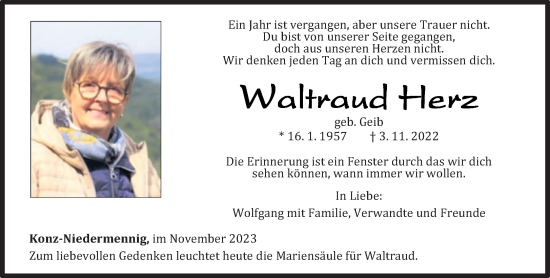 Todesanzeige von Waltraud Herz von trierischer_volksfreund