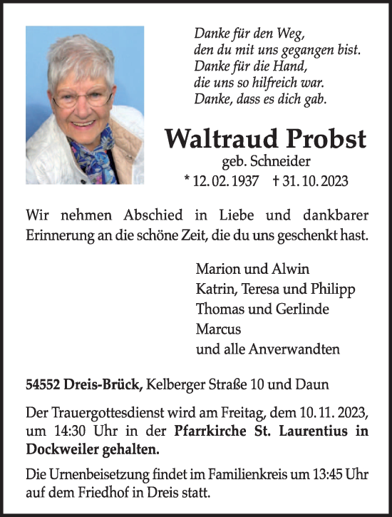 Todesanzeige von Waltraud Probst von trierischer_volksfreund