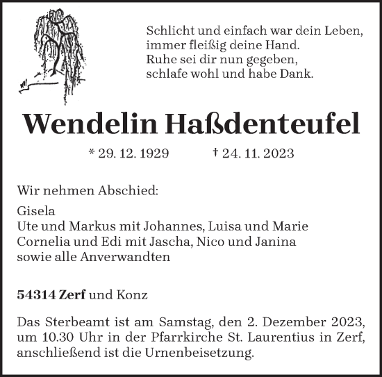 Todesanzeige von Wendelin Haßdenteufel von trierischer_volksfreund