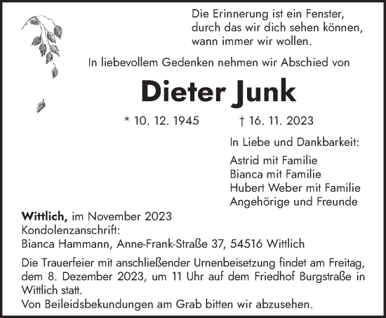 Todesanzeige von Dieter Junk von trierischer_volksfreund