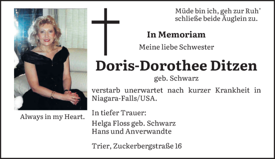 Todesanzeige von Doris-Dorothee Ditzen von trierischer_volksfreund