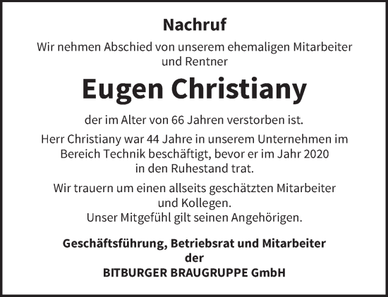 Todesanzeige von Eugen Christiany von trierischer_volksfreund