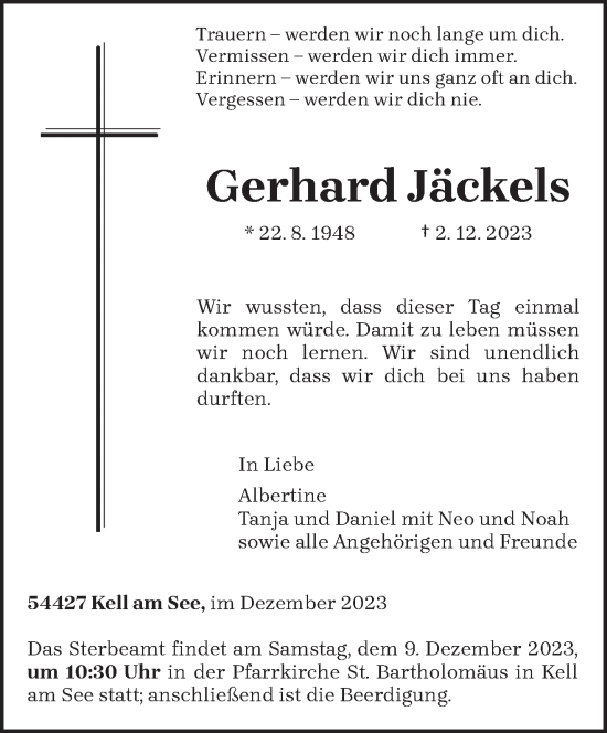 Todesanzeige von Gerhard Jäckels von trierischer_volksfreund