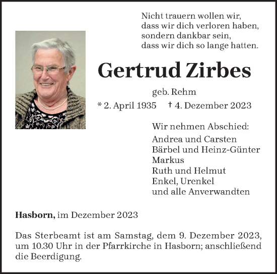 Todesanzeige von Gertrud Zirbes von trierischer_volksfreund
